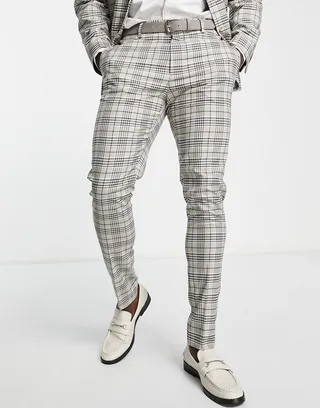 ASOS DESIGN skinny suit pants in beige and brown check