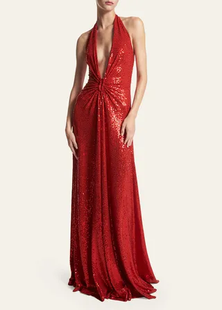 Plunging Sequin Gathered U-Ring Halter Gown