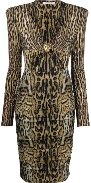 Jaguar print V-neck long-sleeve dress
