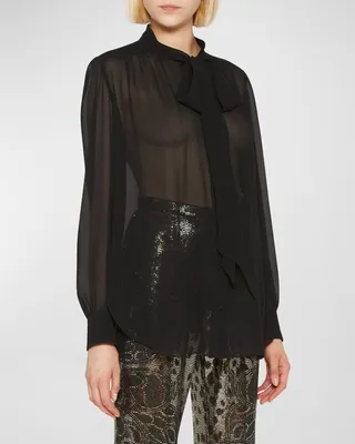 Bow-Neck Long-Sleeve Sheer Blouse