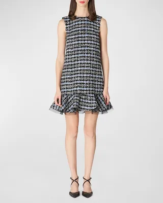 Check Tweed Ruffle-Hem Sleeveless Mini Shift Dress