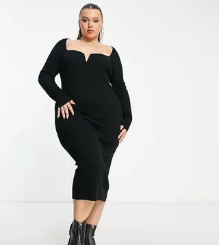 ASOS DESIGN Curve knit midi dress with plunge neckline in black
