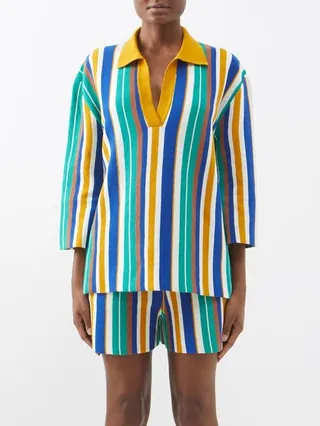 Bay Striped Ribbed-cotton Polo Top