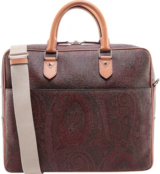 Coated canvas and leather briefcase with paisley motif