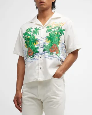 Men's Canvas Tropical Beach-Print Camp Shirt