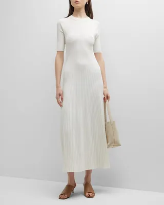 Short-Sleeve Tea-Length Rib Knit Dress