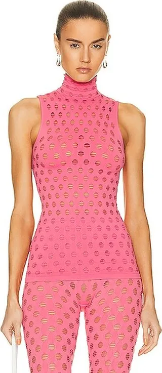 Maisie Wilen Sleeveless Perforated Turtleneck in Coral