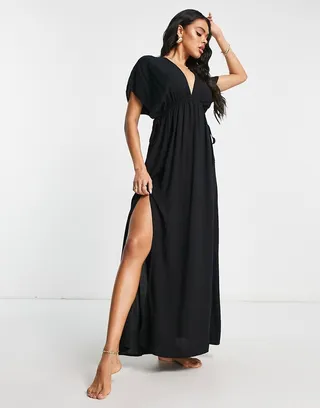 ASOS DESIGN flutter sleeve maxi beach dress with channeled tie waist in black