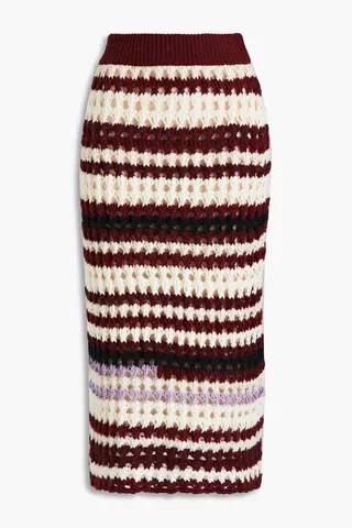 Striped open-knit midi skirt