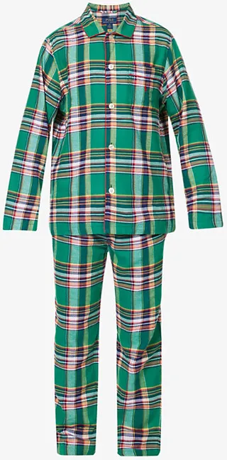 Polo Ralph auren Mens Grn Multi Check-print Branded-button Cotton Pyjama set