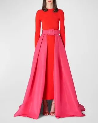 Column Gown with Attached Belted Overskirt