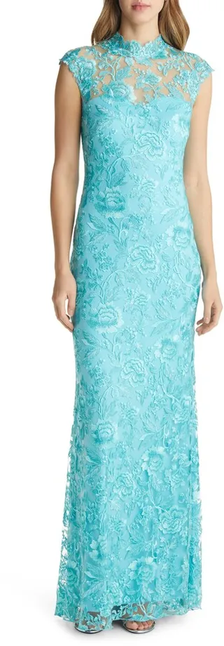 Embroidered Lace Mock Neck Gown