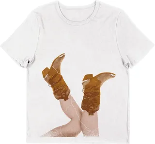 Western Cowgirl Boots Crew Neck Short Sleeve White Women’s Perfect Tee-Large