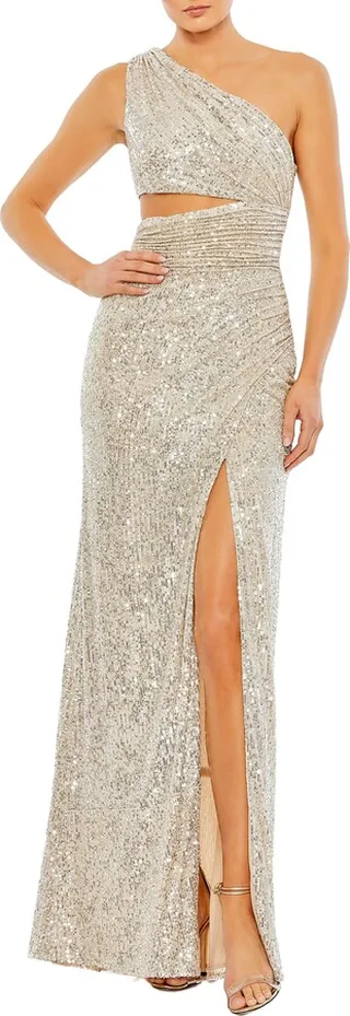 Sequin One-Shoulder Cutout Detail Sheath Gown