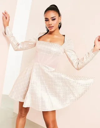 ASOS LUXE square neck corsetted mini skater dress in pink check jacquard