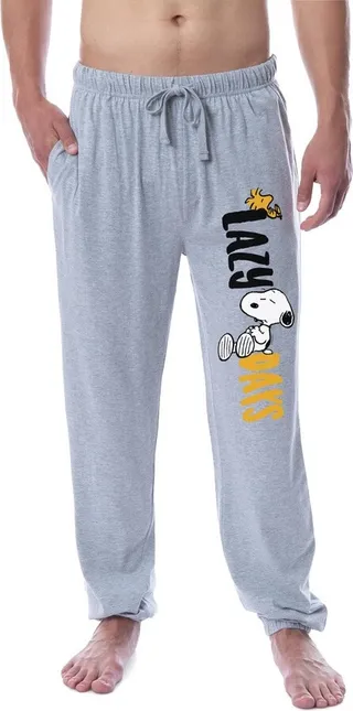 Peanuts Men's Snoopy and Woodstock Lazy Days Sleep Jogger Pajama Pants (Small) Grey