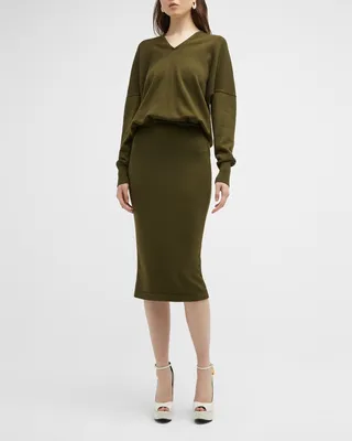 V-Neck Cashmere Blouson Dress