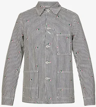 ens Rinse Blue Point-collar Floral-striped Denim Jacket