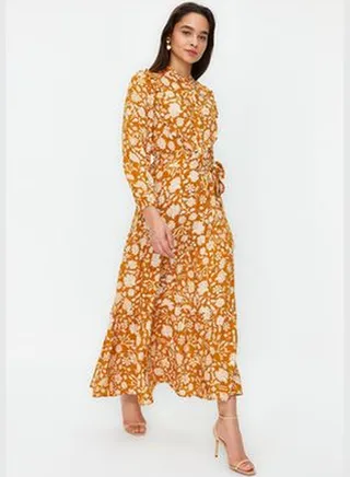 Mustard Small Floral Printed Ruffle Detailed Belted Woven Dress TCTSS21EL3340