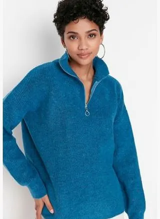 Blue Soft Textured Zippered Knitwear Sweater TWOAW20XS0009