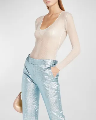Scoop-Neck 18GG Fine Silk Rib Knit Top