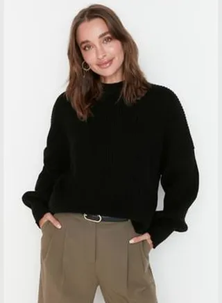 Black Wide Fit Crew Neck Knitwear Sweater TWOAW23KZ01448