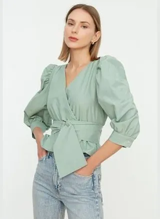 Belted Double Breasted Woven Mint Blouse TWOAW20BZ0923