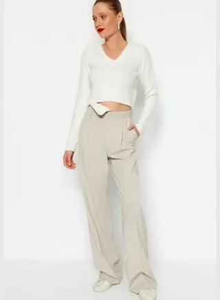 Ecru Crop Soft Textured Basic Knitwear Sweater TWOAW22KZ1453