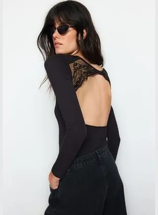 Black Back Decollete Lace Detailed Long Sleeve Cotton Stretchy Knitted Body with Snap fastener TWOAW24BD00035