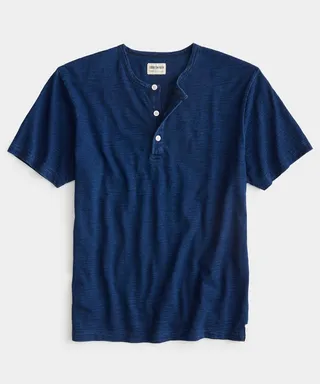 Indigo Short Sleeve Non Slub Henley in Bleached Indigo