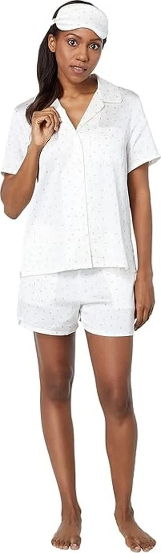 Barefoot Dreams Washed Satin Shorts PJ Set (Rose Mist Tossed Hearts) Women's Pajama Sets