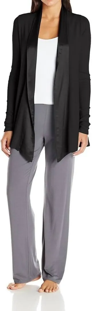 Shelby Satin Trimmed Robe With Pockets in Black