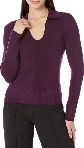 Calvin Klein Rib V-Neck with Collar (Aubergine) Women's Clothing
