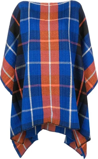 Windowpane-Pattern Wool Poncho