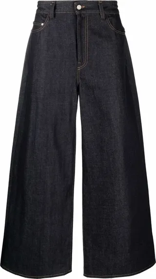 Wide-Leg Contrast-Stitch Long Jeans