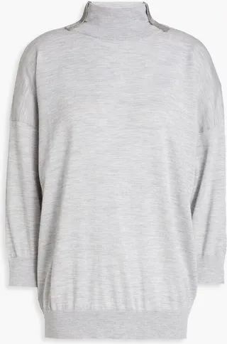 Bead-embellished mélange cashmere and silk-blend turtleneck sweater