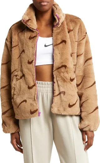 Sportswear Logo Faux Fur Jacket