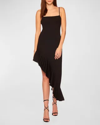 Asymmetric Spaghetti-Strap Ruffle Midi Dress