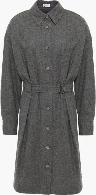Belted bead-embellished wool-blend flannel shirt dress