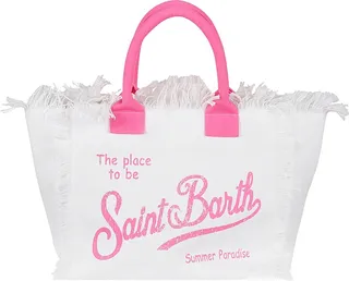Bag with handles and zip closure Pocket inside Surrounded by fringe and decorated with an embroidered logo Colour: white