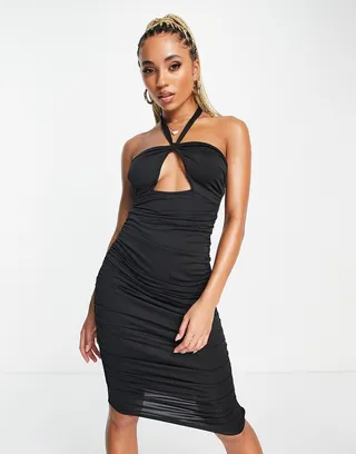 Parisian halter neck cut out front midi dress in black
