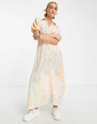 ASOS DESIGN button front shirt midi tea dress in mix scale floral print