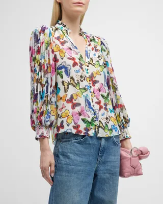 Ilan Smocked-Sleeve Button-Front Blouse