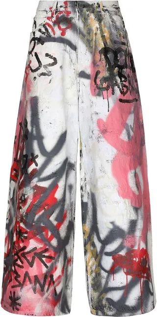 Graffiti-Print Wide-Leg Jeans