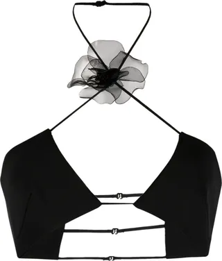 Floral-Appliqué Halterneck Cropped Top