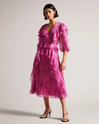 Ruffled Abstract Print Pinafore Dress in Bright Pink