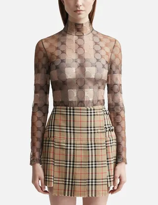 EKD Check Stretch Tulle Turtleneck Bodysuit
