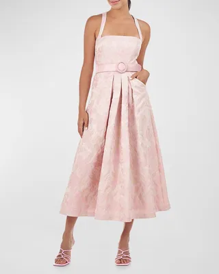 Morgana Pleated Square-Neck Jacquard Dress
