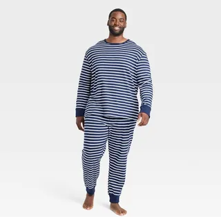 Men's Big & Tall Striped 100% Cotton Matching Family Pajama Set - Navy 4XLT