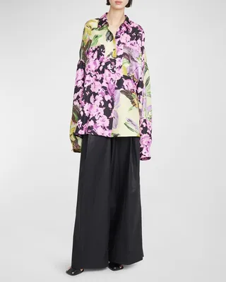 Casia Mixed Floral-Print Oversized Silk Shirt